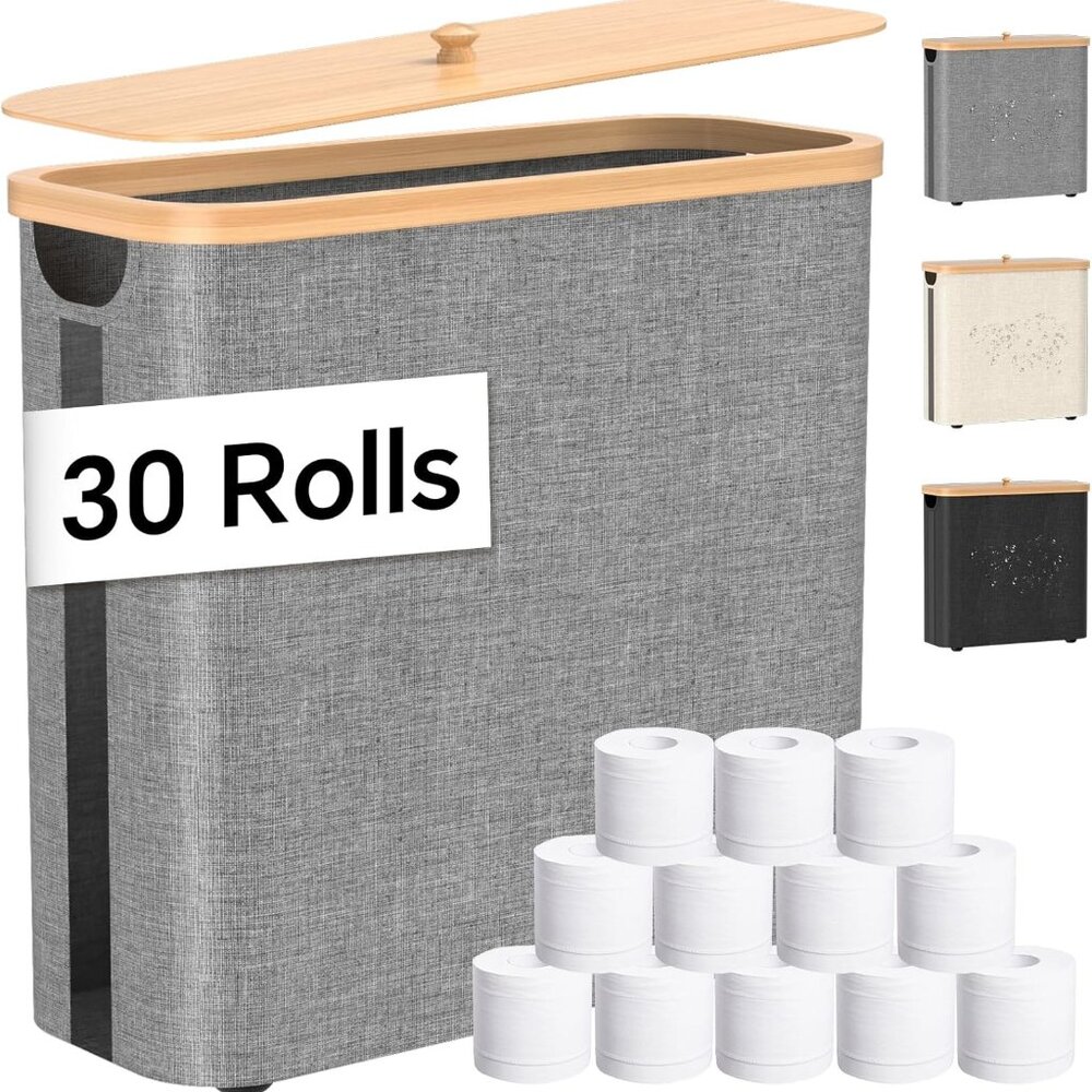 Toilet Paper Storage w/Bamboo Lid, 33.8L Foldable Toilet Paper Basket Organizer